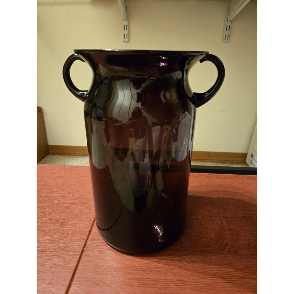 Amethyst Hand‎ Blown Glass Vase Double Handled Purple Seeded Rain Bubble Pontil